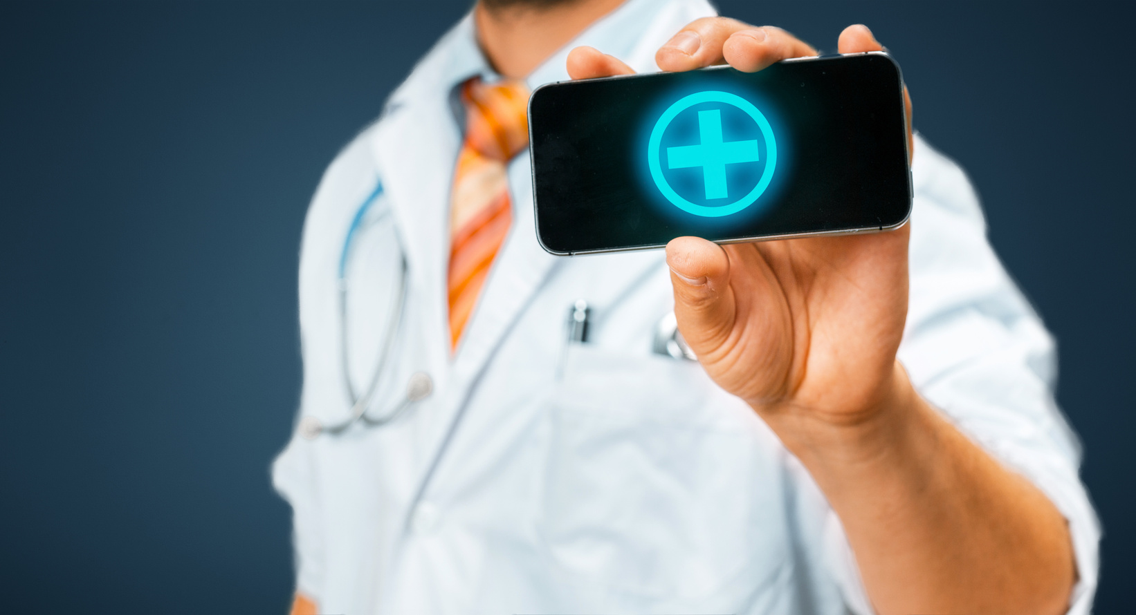 Technology in Health and Medicine Concept. Doctor With Smartphone With Medical App